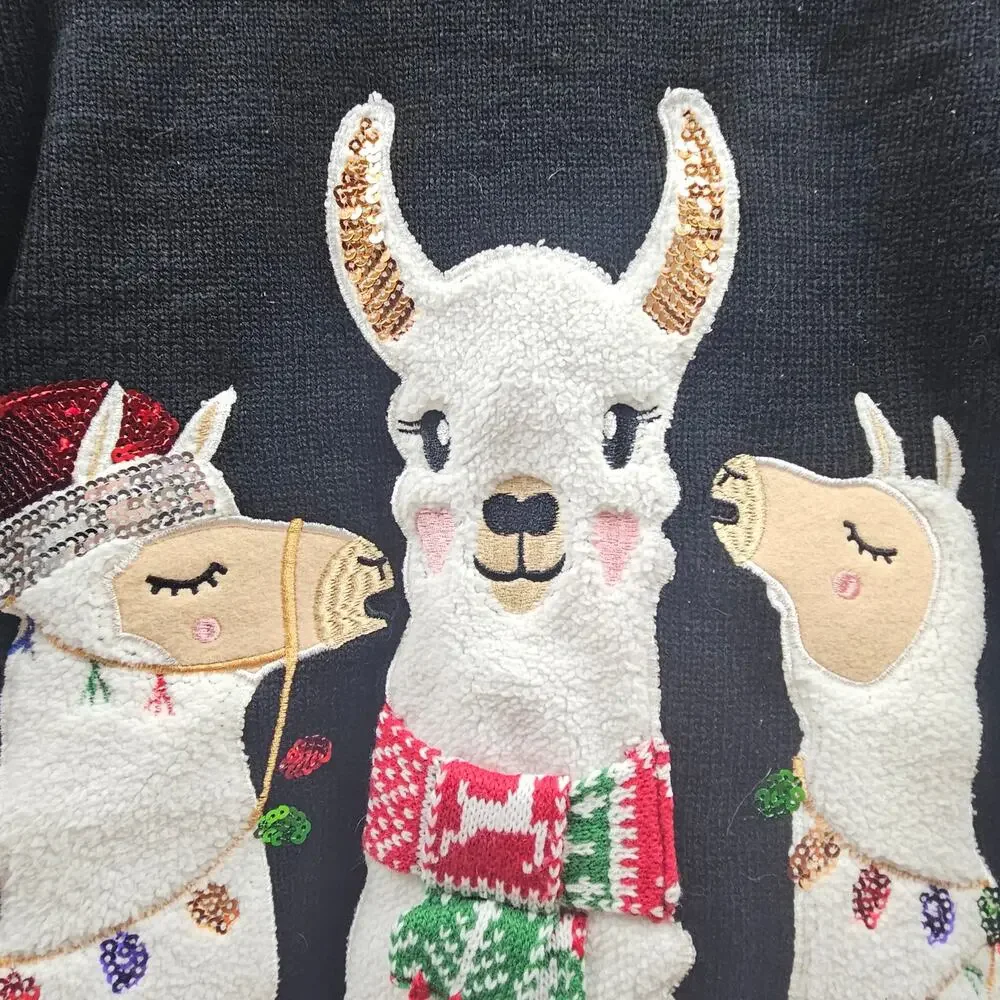 Karen Scott XL Holiday Christmas Crewneck Novelty Sweater Singing Llamas Black